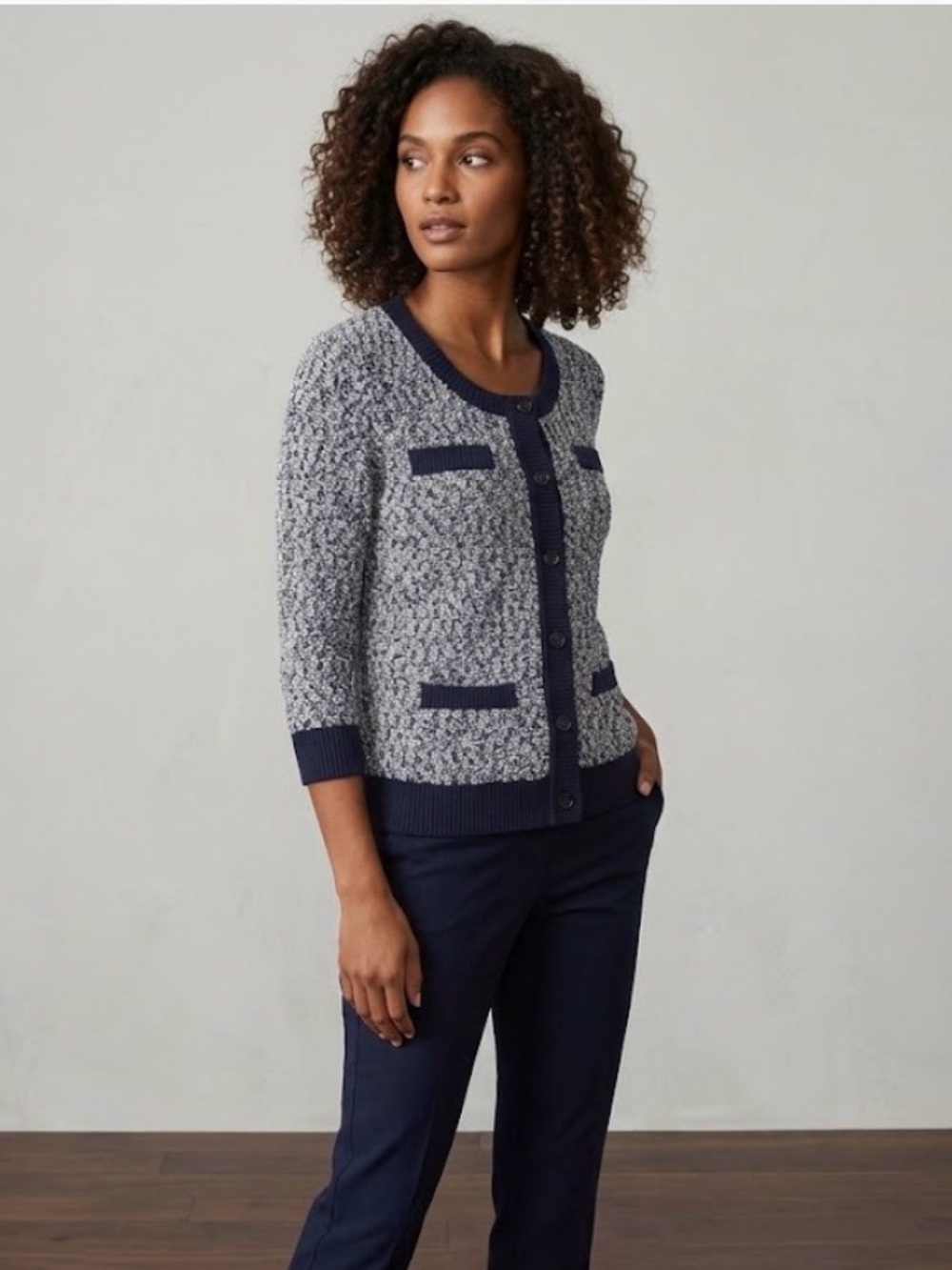 Ann Taylor Textured Navy White 3/4 Sleeves Button Down Cardigan Classic Career L
